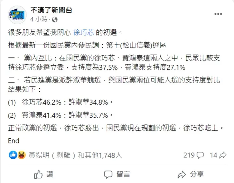 徐巧芯民調領先。取自不演了新聞台