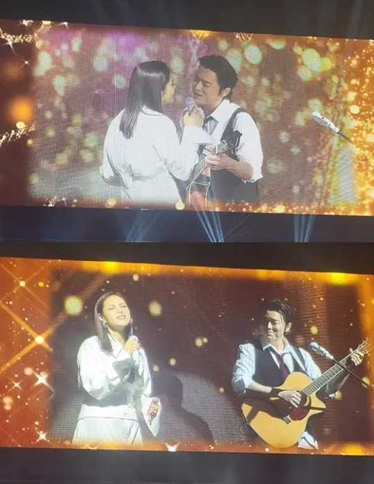 曹政奭彈吉他，跟GUMMY對唱《Shallow》。翻攝推特