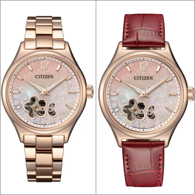 CITIZEN亞洲限定櫻花機械錶，除搭配亮面與霧面交織的粉紅金精鋼鍊帶外（左圖），同時附上紅色小牛皮錶帶，為腕錶搭出熱情與優雅的不同氣息，1萬9800元。品牌提供