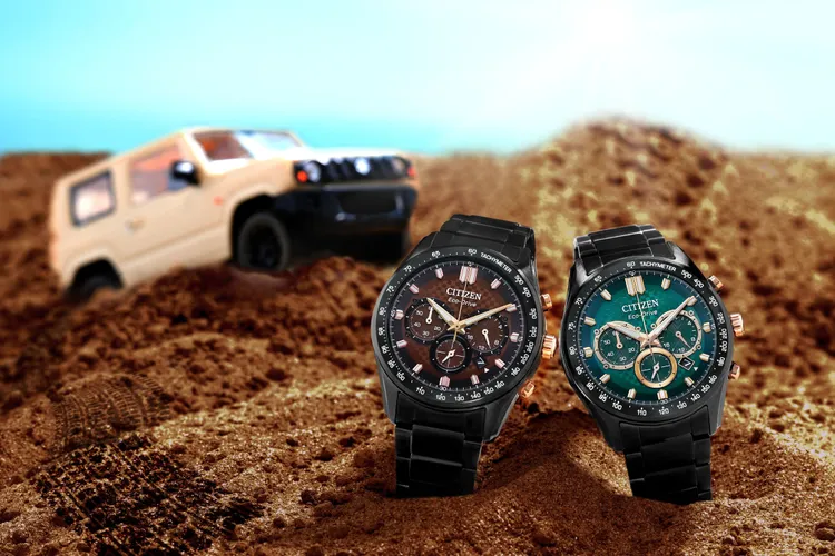 CITIZEN全新光動能碼錶計時錶款分別有焦土棕（左）及雨林綠色面盤款式，各1萬6900元。品牌提供