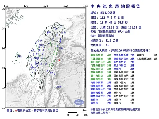 18:49地牛翻身！東部外海規模5.4地震　最大震度4級