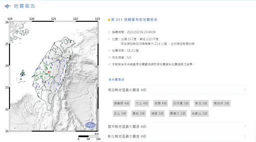 南投規模5.0地震　震源深度18.2公里