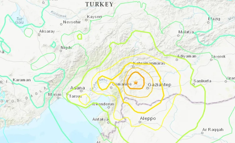 土耳其加利安泰普（Gaziantep）發生規模7.8、深度僅24公里的強震。翻攝美國地質調查局（USGS）