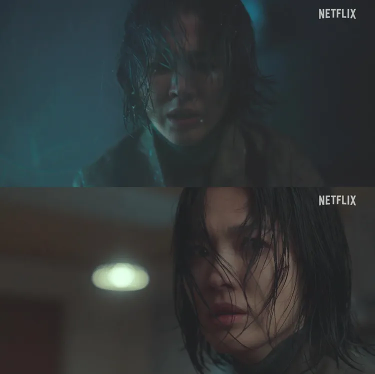 宋慧喬預告中滿頭濕髮，臉上還帶著傷，嗆聲林知衍，「歡迎來到我的地獄」。翻攝Netflix