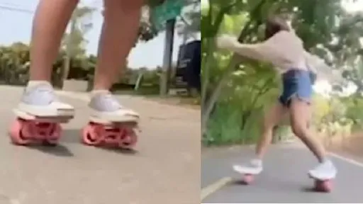  正妹玩漂移板！不只秀腿還露蛇腰　乘風滑行一路甜笑太銷魂