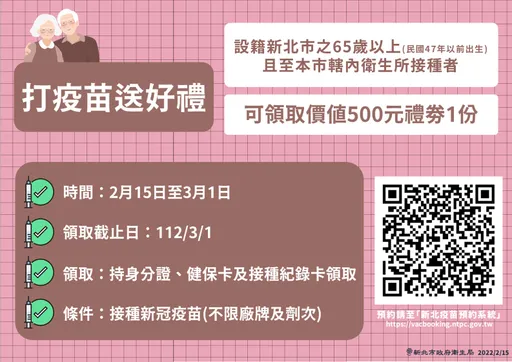 防重症又有500元禮券可領 新北65歲以上長者快至衛生所打疫苗