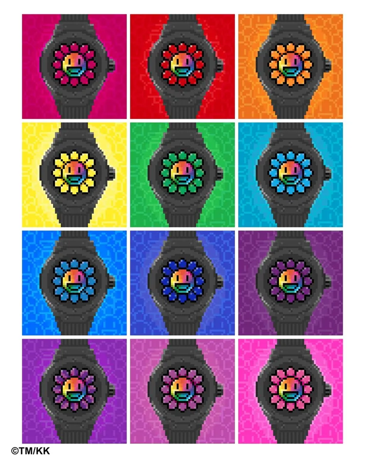 宇舶村上隆聯名NFT數位藝術作品當中12只，採呼應微笑之花12片花瓣各個色彩的不同單色背景呈現。品牌提供