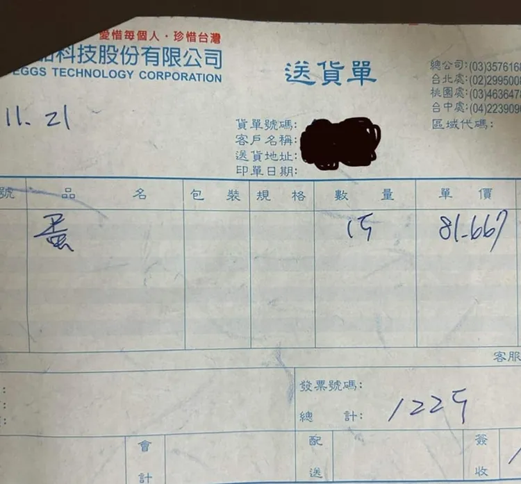 去年底叫蛋，可以一次叫15公斤，每公斤價格約82元。取自謝克洋臉書