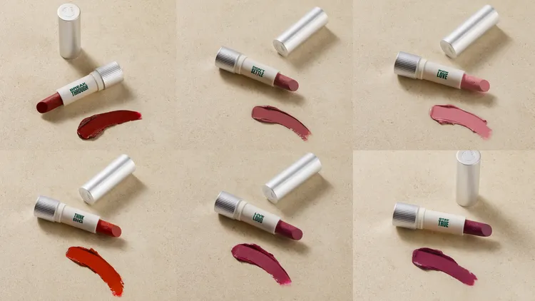 心聲絲絨唇膏（上排左起）#Break Through突破磚紅、#Dont Settle莓極限、#Shoe Love勇敢嫩粉；（下排左起）#Think Big放膽紅、#Live Loud莓好燦活、#Stay True紫戀無罪，唇膏管280元、蕊芯各700元。品牌提供