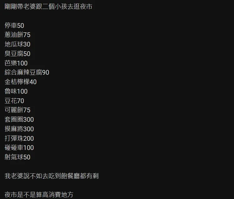 網友列出夜市花費清單。翻攝PTT