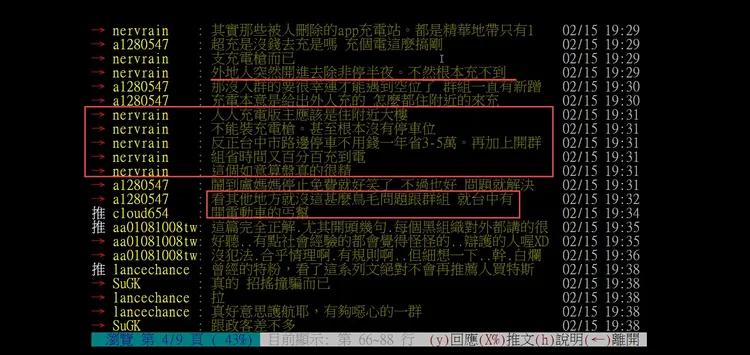 充電群組佔用充電樁引發爭議，連日來在PTT車版造成熱烈討論。翻攝PTT