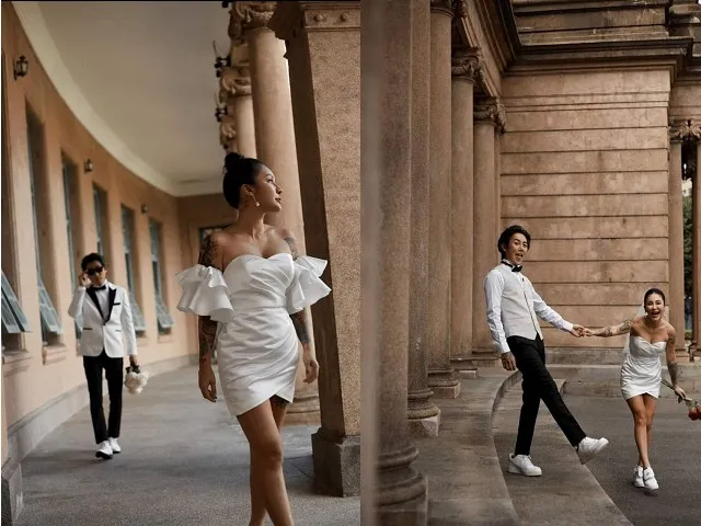 梁云菲（前）和男友小銨在鏡頭前相識而笑，閃瞎眾人。翻攝梁云菲臉書