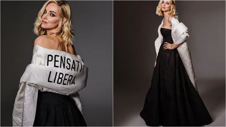 披肩上的「Pensati Libera」宣言，代表著女性活在沒有暴力的世界，且因為自由而被愛。翻攝chiaraferragni IG