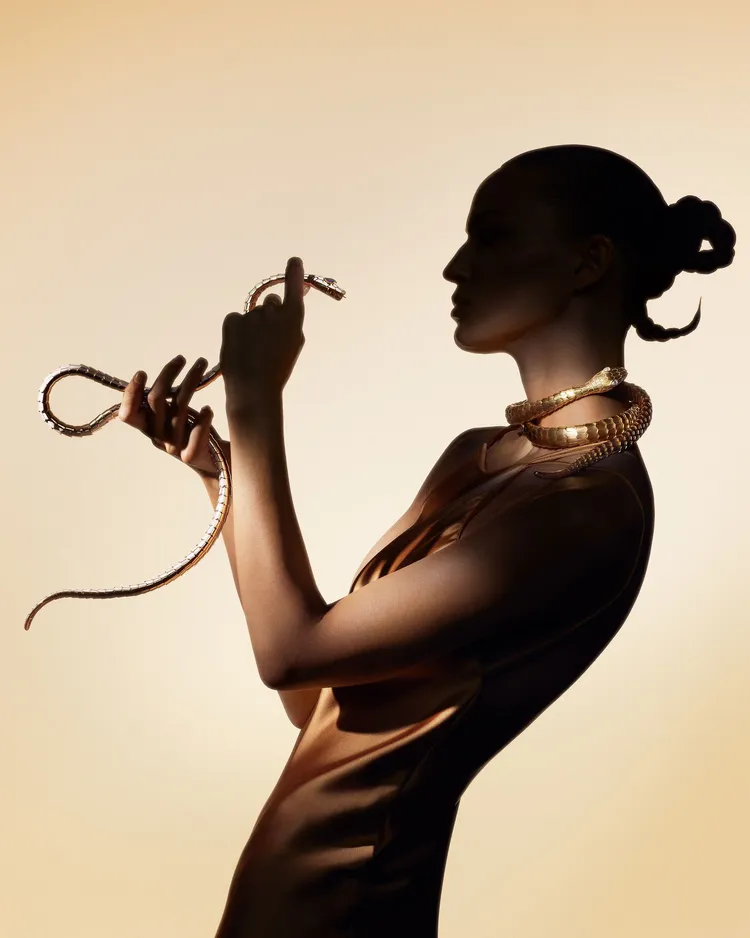 寶格麗Serpenti 75周年形象廣告，捕捉Serpenti交纏著女性千姿百態的個性與魅惑精神，並在每個細節中呈現寶格麗Serpenti系列作品的柔美剪影。品牌提供
