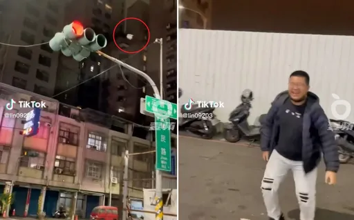 連假太閒？男丟這包進紅綠燈罩還拍抖音嬉鬧　網怒：屁孩退化成猴子了