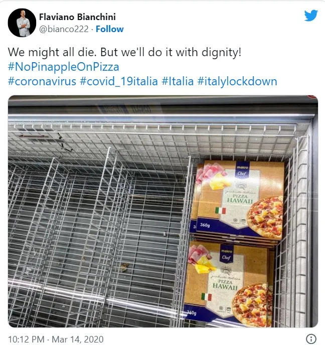 義大利網友在推特上宣示，「我們可能都會死，不過我們會死得有尊嚴！」翻攝twitter@bianco222