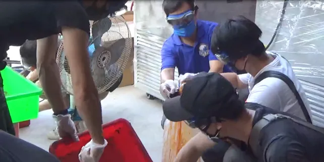 專案組人員佩戴護目鏡及防毒面具，順利執行後續查扣。調查局提供