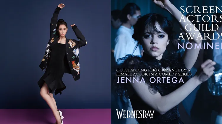 李晶晶（左圖）透露此組身穿BURBERRY的照片，拍照姿勢靈感來自影集《星期三》中的「活屍舞」。左圖《PRESTIGE TAIWAN》提供、右圖翻攝wednesdaynetflix IG