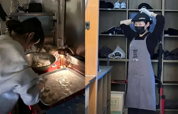 金賽綸在IG上傳打工時做糕點的身影，卻被指責劉海在空中飄、戴手套綁頭髮，挨批不衛生。翻攝金賽綸IG