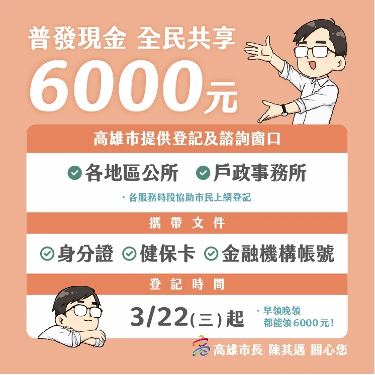 中央普發現金6000元明起開放上網登記，高雄市府同步在全市38個區公所與48處戶政事務所提供專人代登記服務。讀者提供