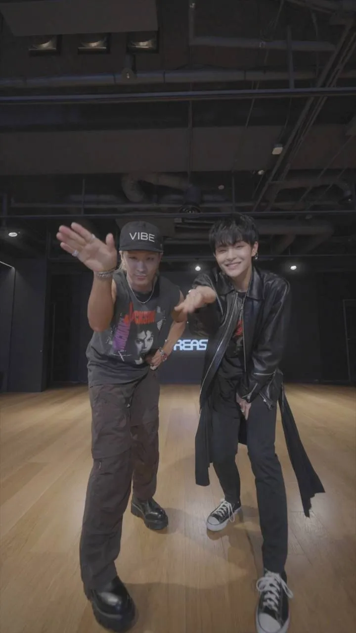 志焄（右）跟偶像太陽一起跳《VIBE》舞蹈挑戰。翻攝YouTube