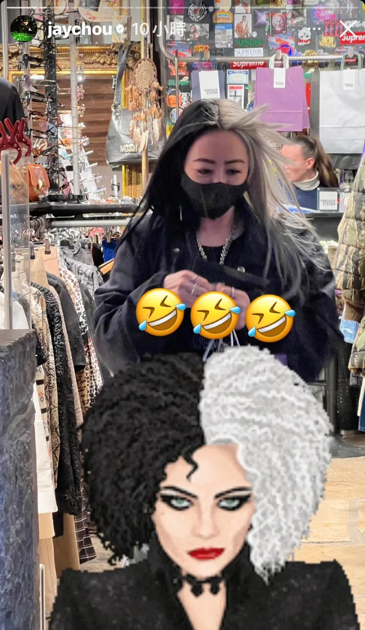 周杰倫的女髮型師扮黑半白的髮型跟庫伊拉很像。翻攝周杰倫IG