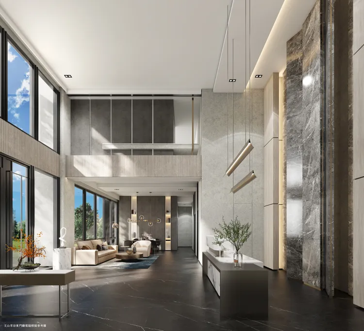 三進式挑高7.5米大廳，現代風格配置Poltrona Frau等義式家具。京旺開發建設提供