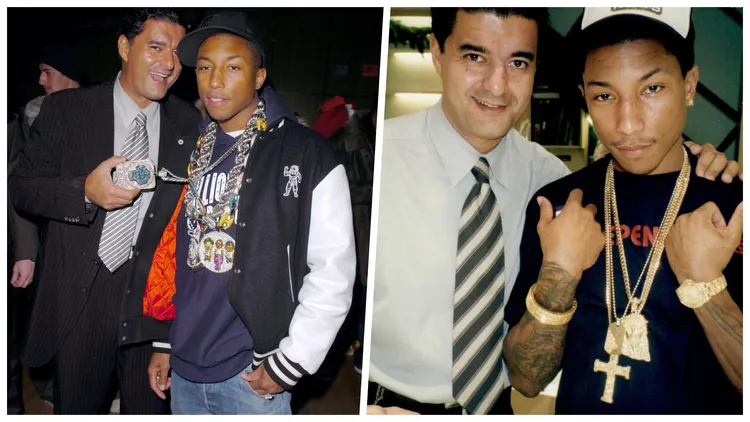 「菲董」Pharrell Williams（左圖右、右圖右）從1990年代即深愛JACOB & CO.大膽新穎而浮誇的珠寶設計。翻攝jacobandco IG