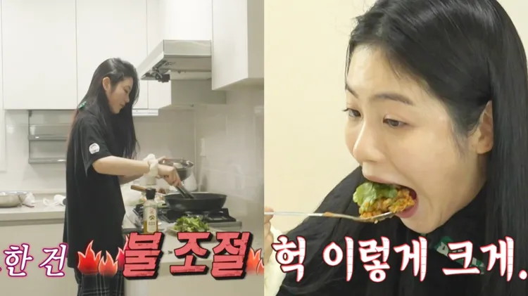 辛叡恩煎肉搞得廚房都是油煙，大口扒飯沒有偶包。翻攝MBC