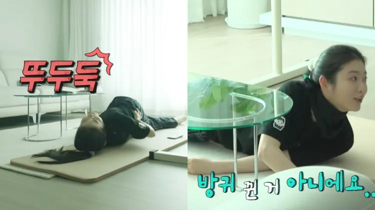 辛叡恩上《全知干預視角》展現家中模樣，早起做伸展操骨頭發出聲音，轉過頭跟鏡頭解釋不是放屁。翻攝MBC