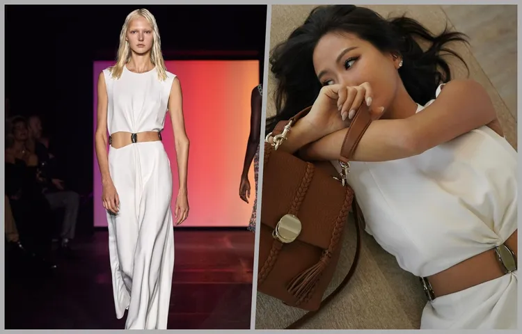 孫芸芸穿著Chloé春夏系列挖腰白色洋裝襯托著閃亮動人的小麥色肌膚，演繹波希米亞女神風範。左圖品牌提供、右圖翻攝aimeeyunyunsun IG