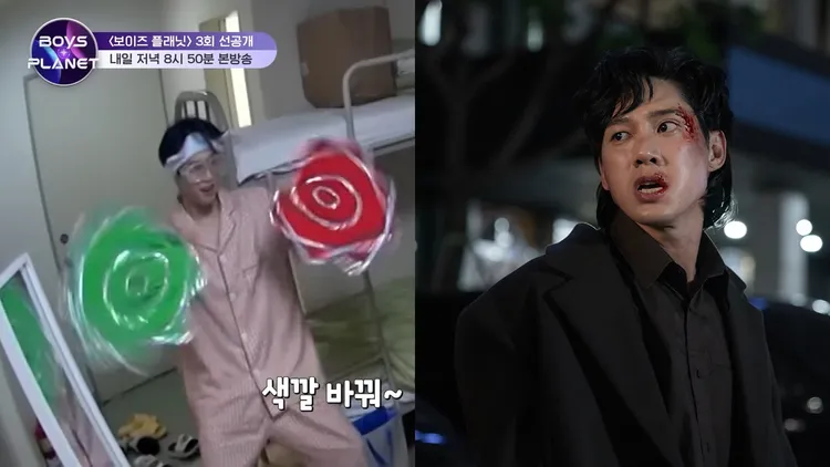 陳冠叡（左圖）在宿舍休息時甩紅、綠手絹變魔術，網友戲稱他如果在有色弱的全宰寯面前玩就慘了。翻攝Mnet、Netflix提供