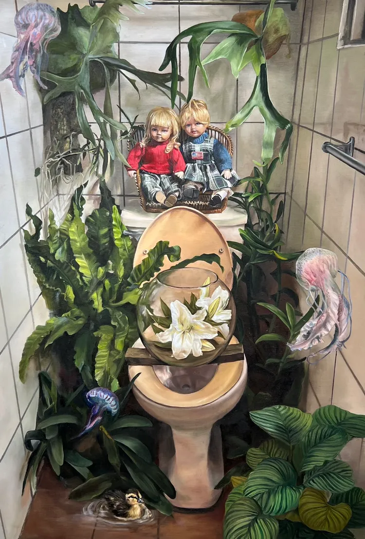 獲油畫類第3名的范庭軒，作品名稱為「縈夢之森」。校方提供