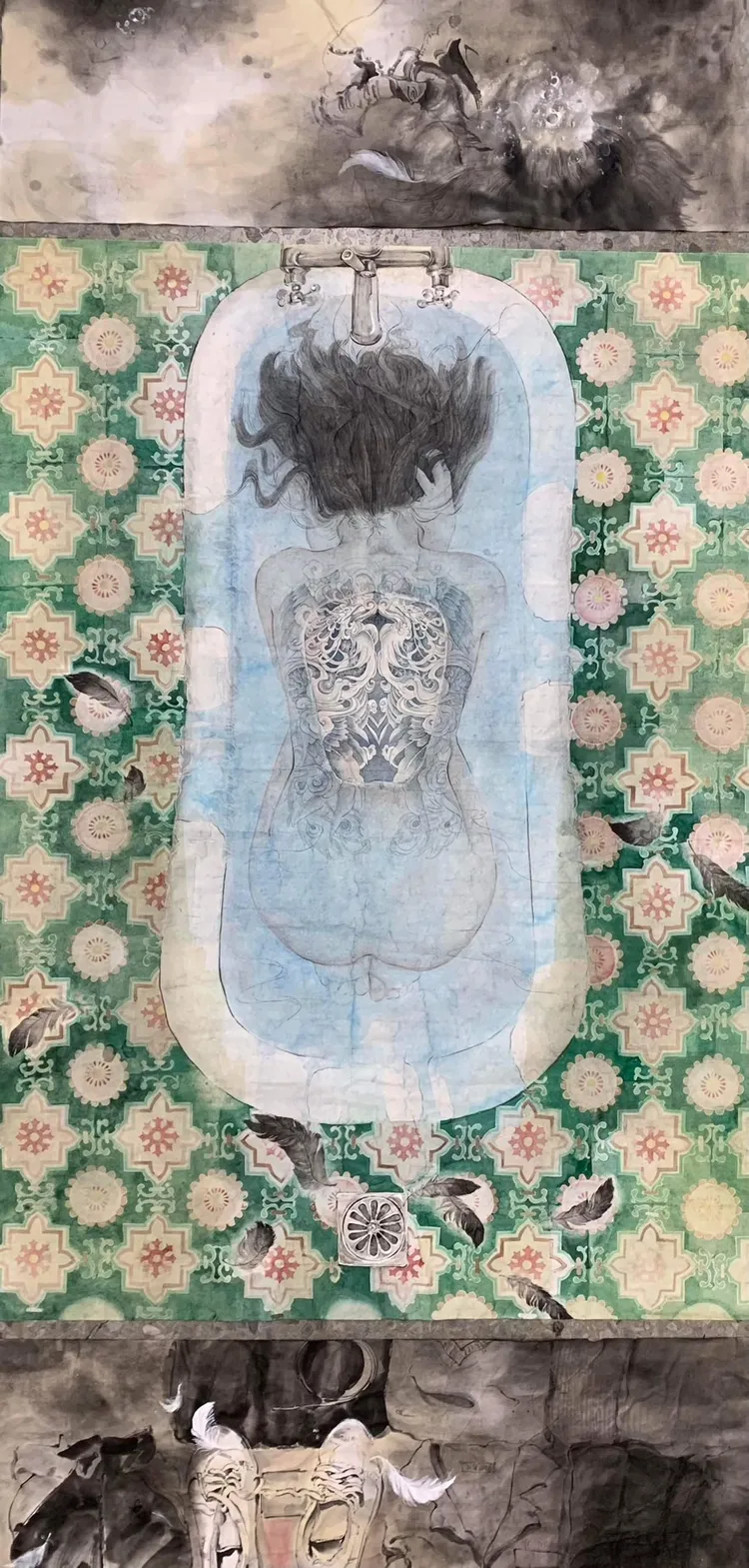 鍾侑穎拿下墨彩類首獎的作品「尋溺」。校方提供