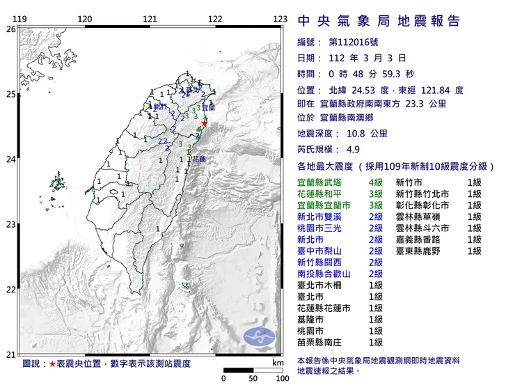 今晨0時48分發生規模4.9地震，台北也搖晃有感。氣象局提供