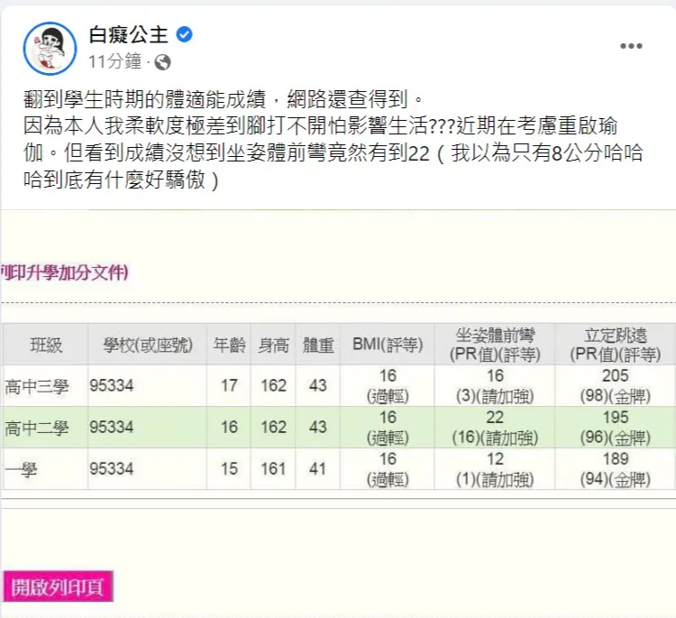 白癡公主立定跳遠成績優異。取自白癡公主臉書