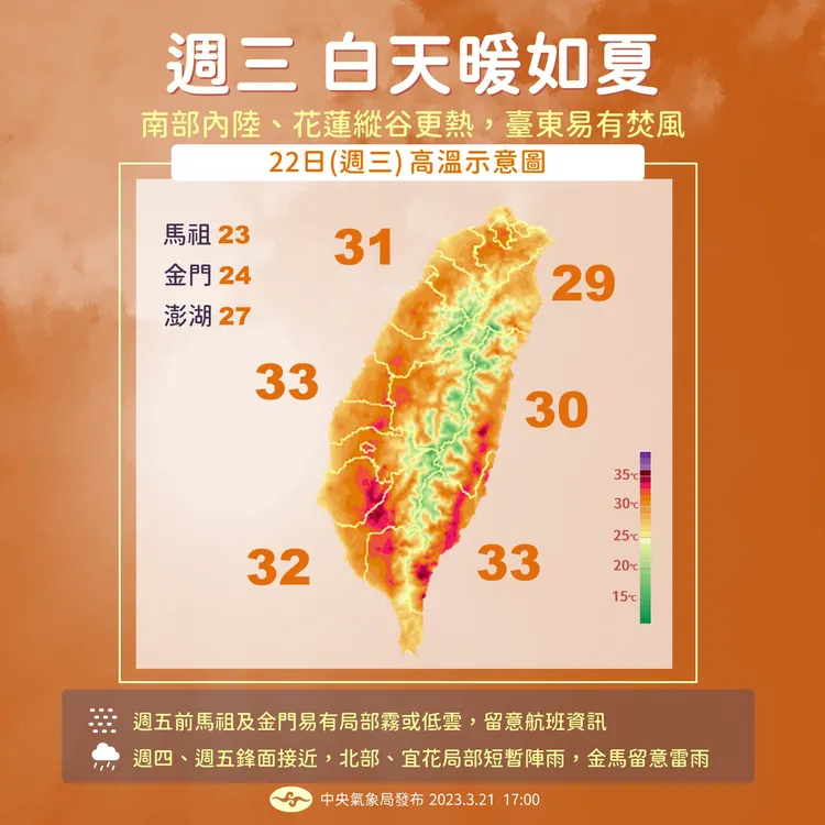 周三白天暖如夏。氣象局提供