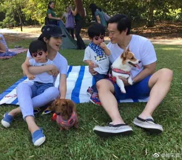 楊采妮（左2）和老公邱韶智（右1）結婚邁入第10年，兩人更育有1對可愛的雙胞胎兒子。翻攝楊采妮微博