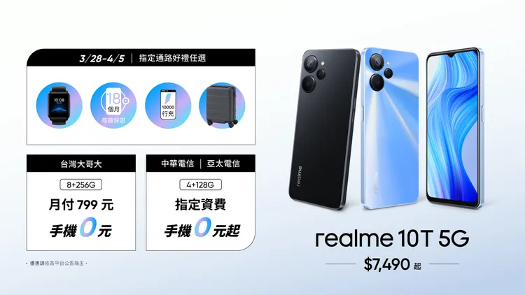 realme 10T 5G搭配指定電信資費都可0元帶回家。廠商提供