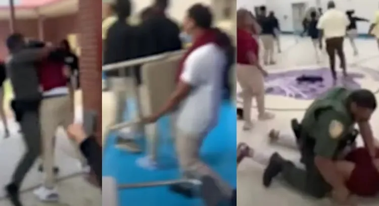 美國校園大亂鬥，甚至有學生使用折凳當武器（中），警方最後被迫參戰，逮捕10名學生。翻攝WBRZ2News