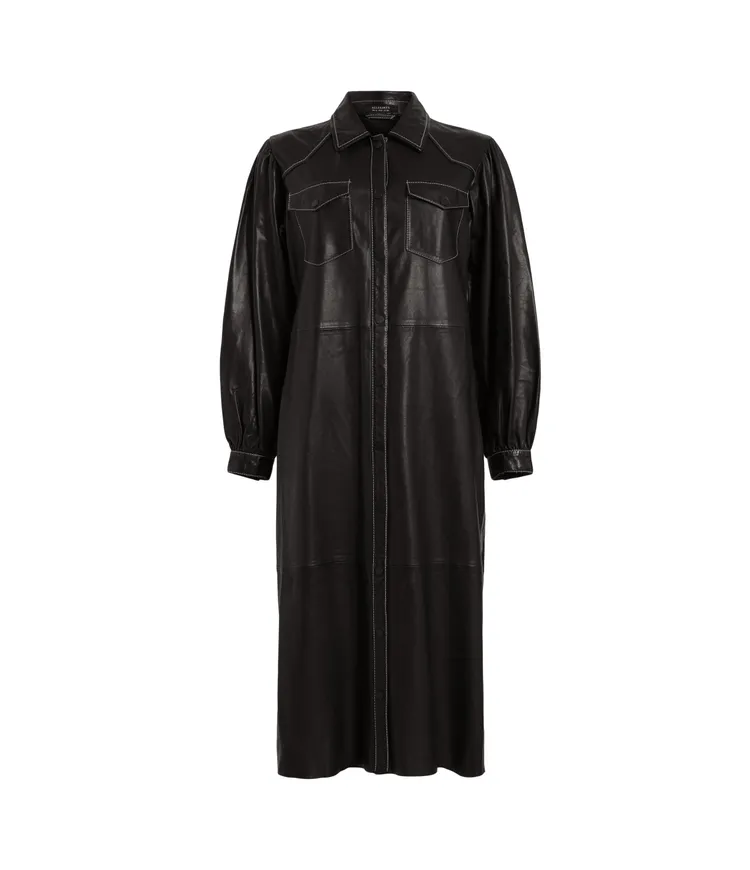 ALLSAINTS Ava皮革襯衫式長洋裝，1萬9100元。品牌提供