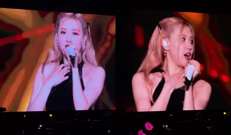 Rosé意識到脖子上的綁帶鬆了，機警壓住胸口，眼神飄向一旁的男舞者求救。翻攝推特