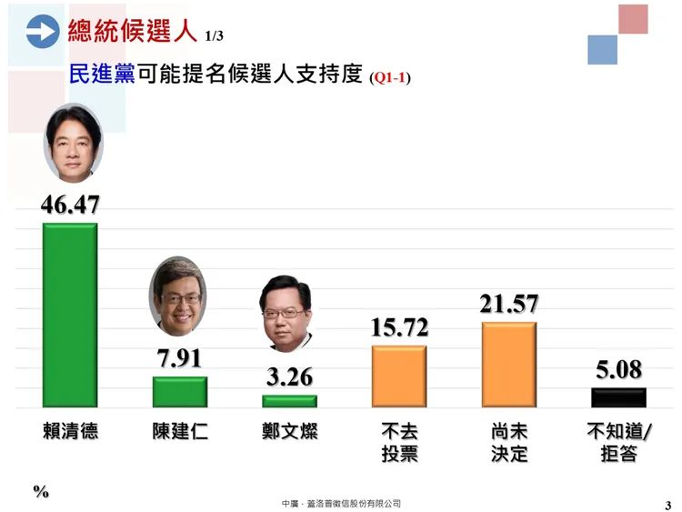 民進黨總統民調部份以副總統賴清德最高。中廣蓋洛普提供