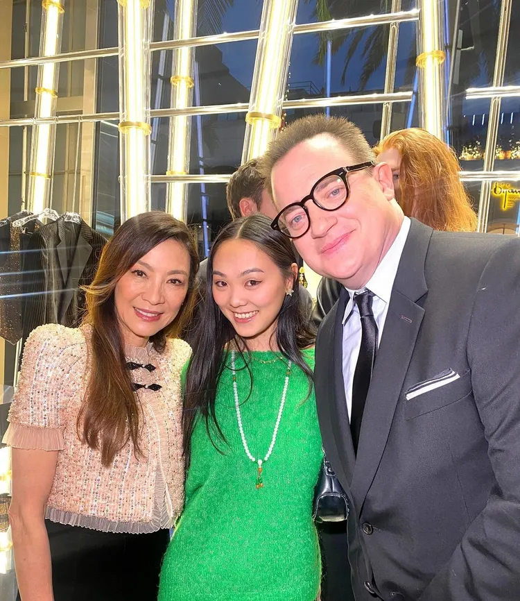 李連杰大女兒Jane（中）在After party與影后楊紫瓊及影帝布蘭登費雪合照。翻攝JaneLi IG