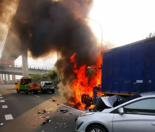 國一南下桃園段11車連環撞　疑剎車失靈釀追撞！大貨車火燒車