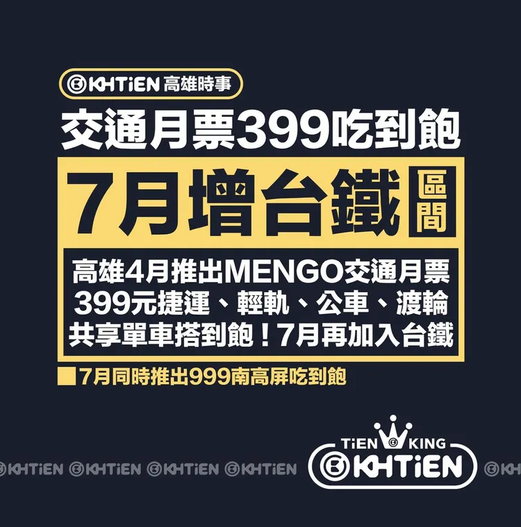 高雄市區通勤月票399元方案，預計4月上路，可在高雄享無限次搭捷運、公車、輕軌、渡輪、公共自行車YouBike，7月再納入台鐵。翻攝臉書高雄點 Kaohsiung.