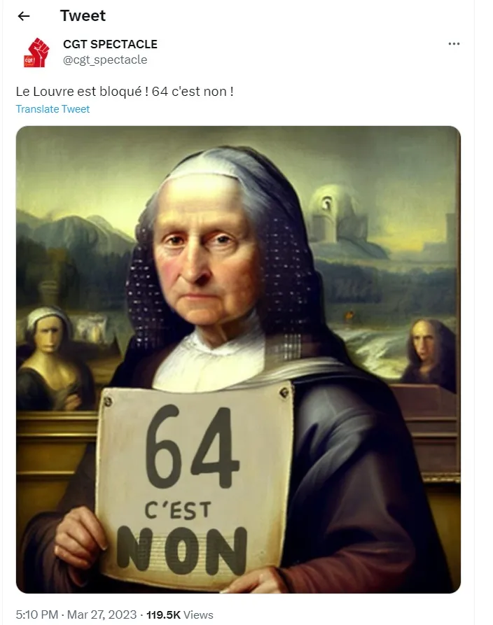 法國「勞工總工會」發布《蒙娜麗莎》惡搞畫像，把她畫成老婆婆，手持寫有「64，門都沒有」的標語。翻攝推特@cgt_spectacle