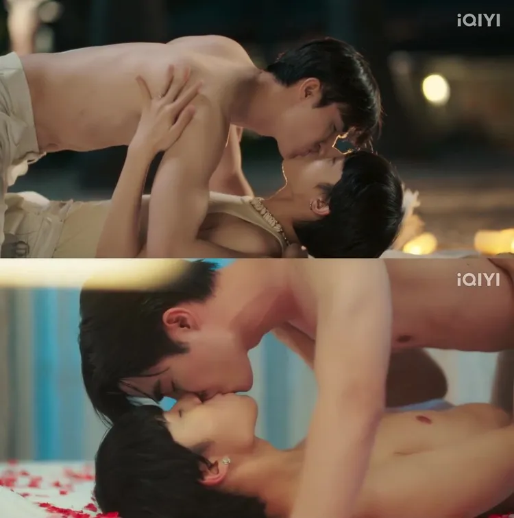 Zee、Nunew劇中有不少激情吻戲，沙灘擁吻、新婚之夜滾床，都讓觀眾心臟爆擊。翻攝愛奇藝國際站