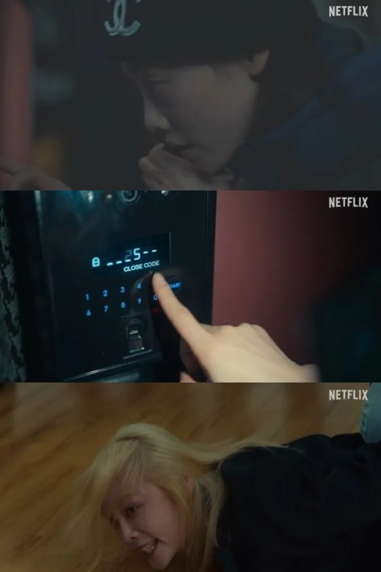 金赫拉（上圖）想開神祕的保險箱，染金髮疑似為了躲避驗毒。翻攝Netflix YouTube