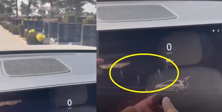 男子眼前沒看到人（左圖），然而汽車的雷達螢幕裡卻有許多「人」的影像（右圖黃圈）。翻攝微博/遼寧